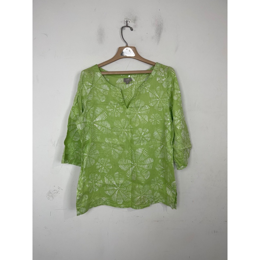 J. Jill Lime Green Linen Tunic Top Womens Medium Abstract Floral 3/4 Sleeve